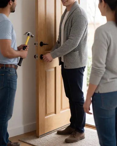 Un homme utilise un marteau pour installer une nouvelle porte en bois sur un seuil avec tapis, scène de menuiserie et de réparation.