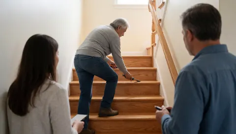 Un homme utilise un outil de ponçage sur des échelles en bois dans un intérieur avec des murs peints et une lumière naturelle.