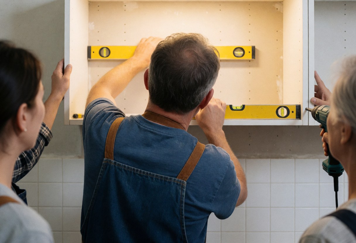 Trois personnes installent un placard blanc dans une cuisine carrelée, utilisant un niveau jaune et une perceuse électrique.