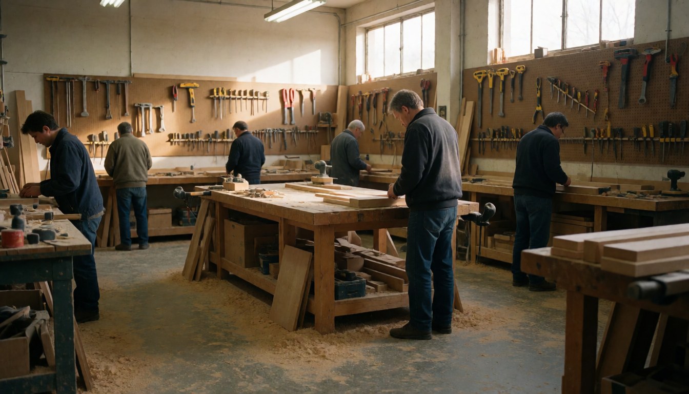 Cinq hommes travaillent dans un atelier de menuiserie avec des outils suspendus et des planches de bois sur des établis.