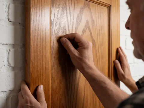 Main d'un artisan caressant le grain d'un bois poli sur une porte, avec un mur de briques blanches en arrière-plan, mettant en valeur la texture et la finition.