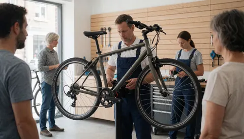 Mécanicien ajustant la chaîne d'un vélo dans un atelier avec des murs en bois pendant que des clients observent la réparation.
