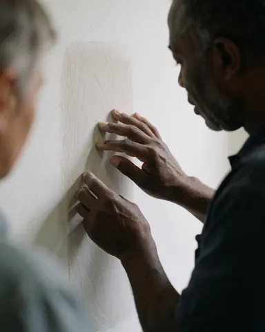 Gros plan de mains d'un professionnel examinant la texture d'un mur blanc, illustrant les détails de finition en construction ou en peinture.
