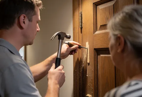 Un menuisier ajuste une porte en bois avec un marteau, des étincelles sont visibles tandis qu'un client observe le travail en cours.