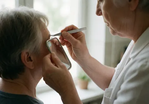 Une esthéticienne utilise des pincettes pour retirer les poils des sourcils d'une cliente. La scène se déroule dans un salon de beauté avec un miroir et une lumière naturelle.