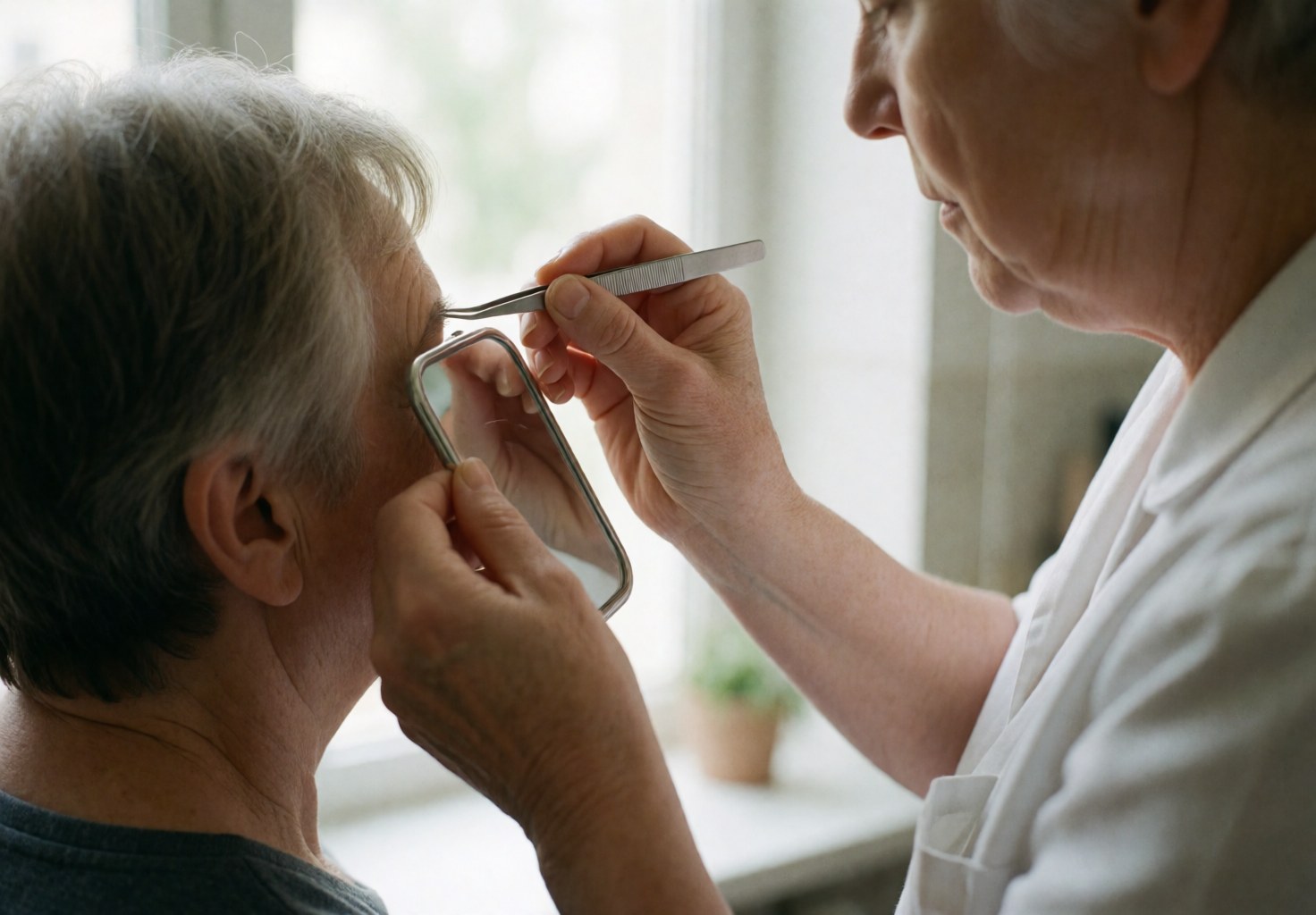 Une esthéticienne utilise des pincettes pour retirer les poils des sourcils d'une cliente. La scène se déroule dans un salon de beauté avec un miroir et une lumière naturelle.