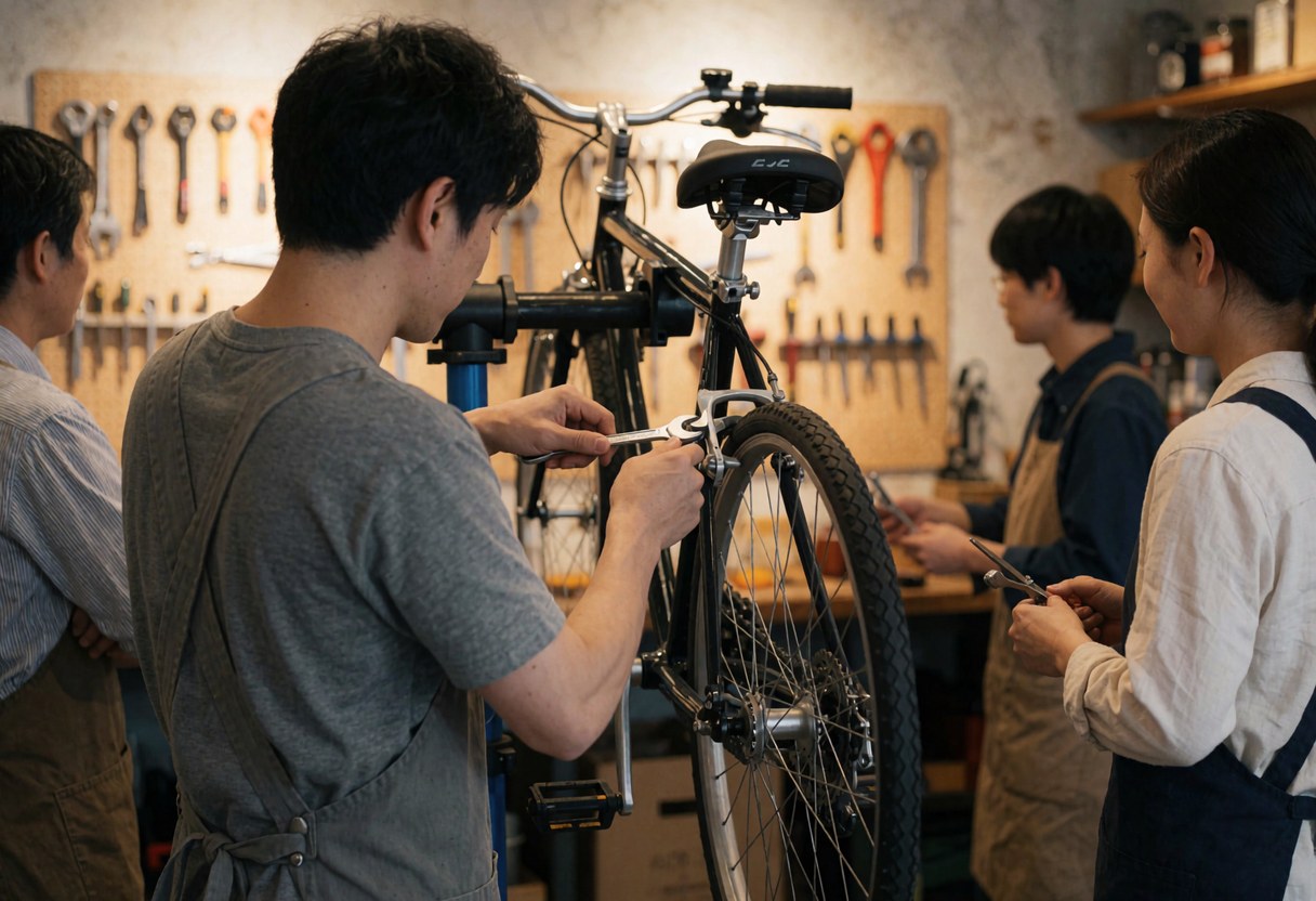 Mécanicien ajustant une roue de vélo dans un atelier avec des outils suspendus au mur et d'autres employés observant la prestation.