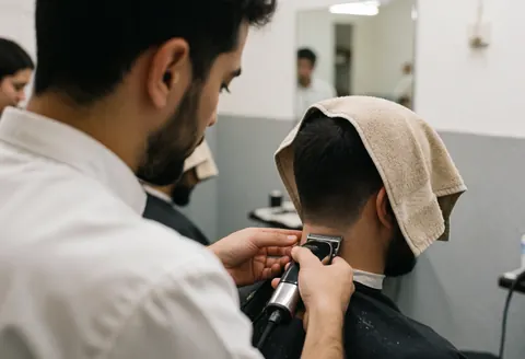 Un barbier coupe les cheveux d'un client avec une tondeuse électrique, le client ayant une serviette sur la tête dans un salon aux murs gris.