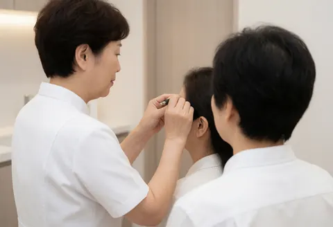 Coiffeur en uniforme blanc réalisant une mèche sur le front d'une cliente dans un salon moderne et lumineux.