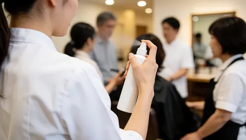 Un coiffeur en uniforme blanc vaporise un produit de protection sur les cheveux d'un client dans un salon éclairé par des lumières chaudes.