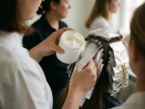 Des mains appliquent un traitement à la kératine sur des cheveux à l'aide de feuilles métalliques, montrant un produit blanc dans un cadre professionnel et propre.