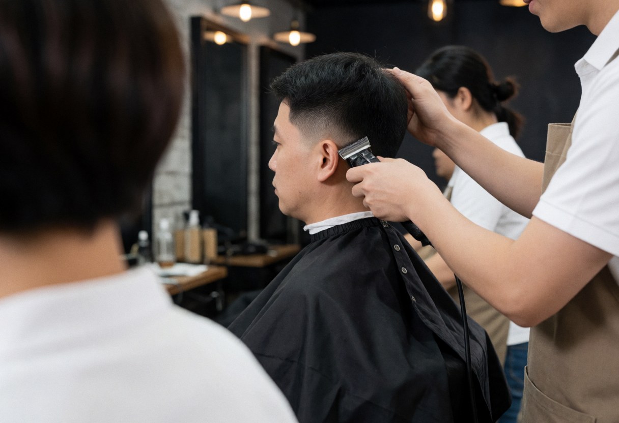 Un barbier professionnel utilise une tondeuse pour couper les cheveux d'un client dans un salon aux murs sombres et aux lumières industrielles.