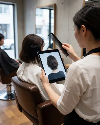 Une coiffeuse tient une tablette pour montrer une référence de coupe à une cliente assise dans un salon moderne avec des murs en béton et de grandes fenêtres.