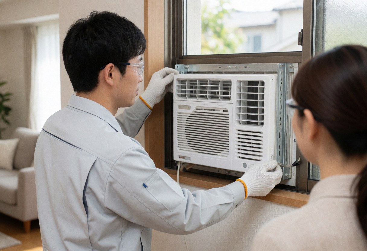 Un technicien en gants et lunettes ajuste une unité de climatisation installée dans une fenêtre de maison.