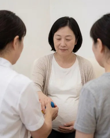 Une femme enceinte reçoit un traitement d'acupression avec des balles pendant que deux personnes observent dans un centre calme aux murs blancs.