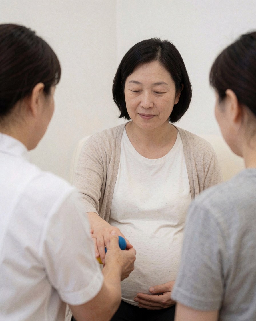Une femme enceinte reçoit un traitement d'acupression avec des balles pendant que deux personnes observent dans un centre calme aux murs blancs.