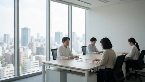 Quatre personnes en réunion d'équipe dans un bureau moderne avec de grandes fenêtres offrant une vue panoramique sur la ville.