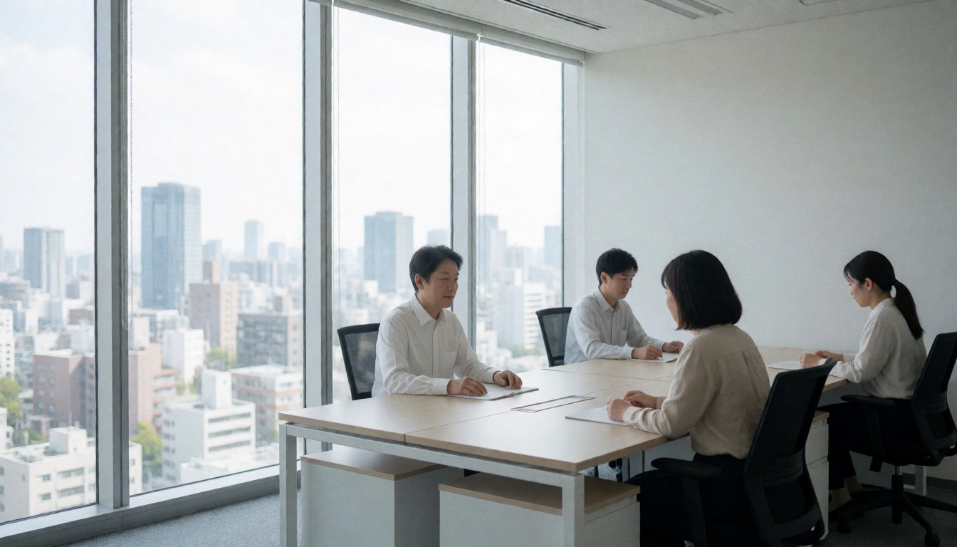 Quatre personnes en réunion d'équipe dans un bureau moderne avec de grandes fenêtres offrant une vue panoramique sur la ville.