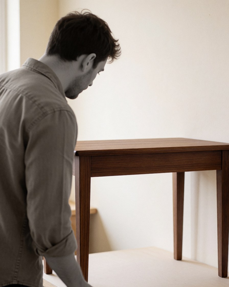 Un client inspecte une table en bois au fini noyer dans un atelier propre et bien éclairé.