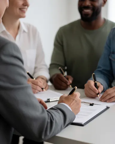 Quatre personnes signent des documents sur une table blanche, vêtues de gris, dans un environnement professionnel épuré.