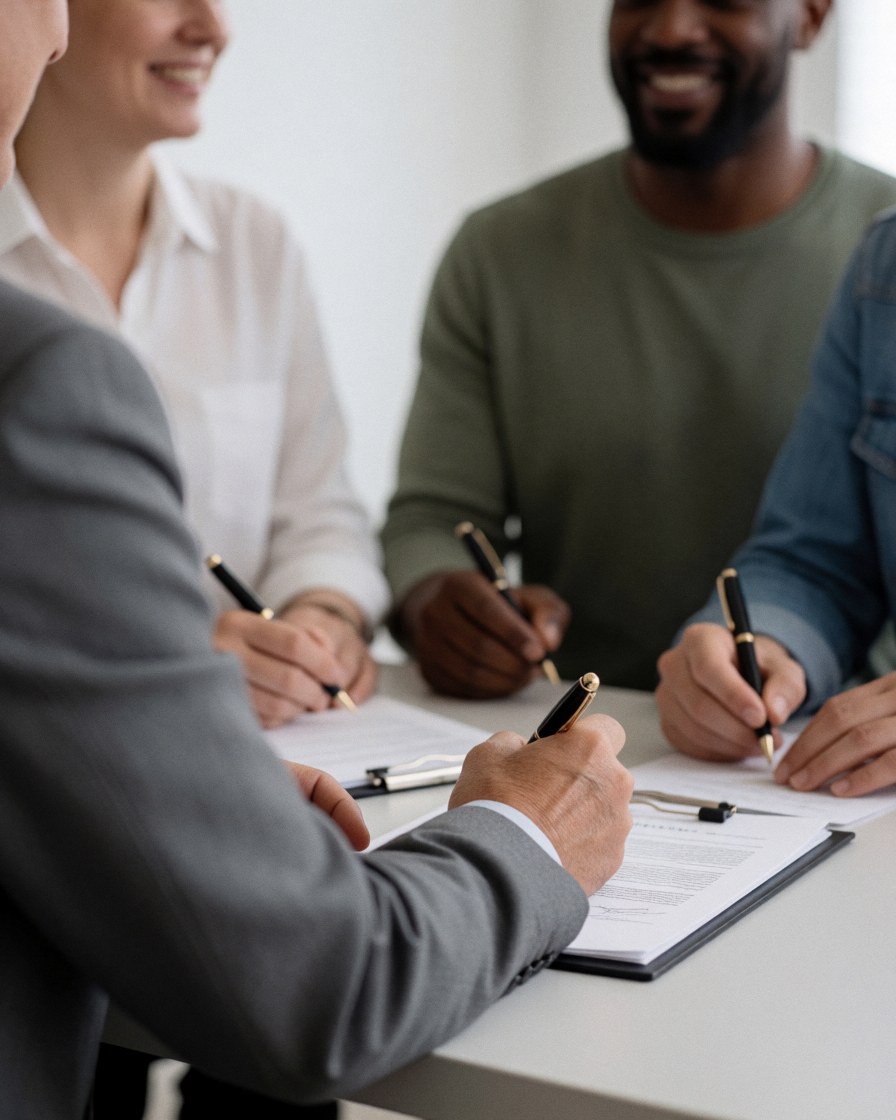 Quatre personnes signent des documents sur une table blanche, vêtues de gris, dans un environnement professionnel épuré.