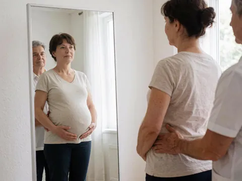 Une thérapeute ajuste la posture d'une femme enceinte devant un miroir dans une pièce aux murs blancs éclairée par la lumière naturelle.
