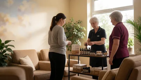 Un thérapeute arrange des bouteilles d'huiles dans une salle de massage éclairée par la lumière naturelle d'une fenêtre, avec des plantes et des clients en arrière-plan.