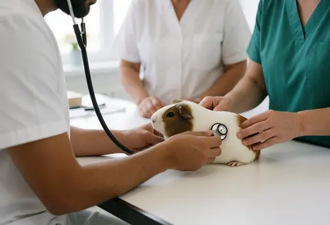 Un vétérinaire utilise un stéthoscope pour examiner un cochon d'Inde posé sur une table d'examen dans une clinique moderne.