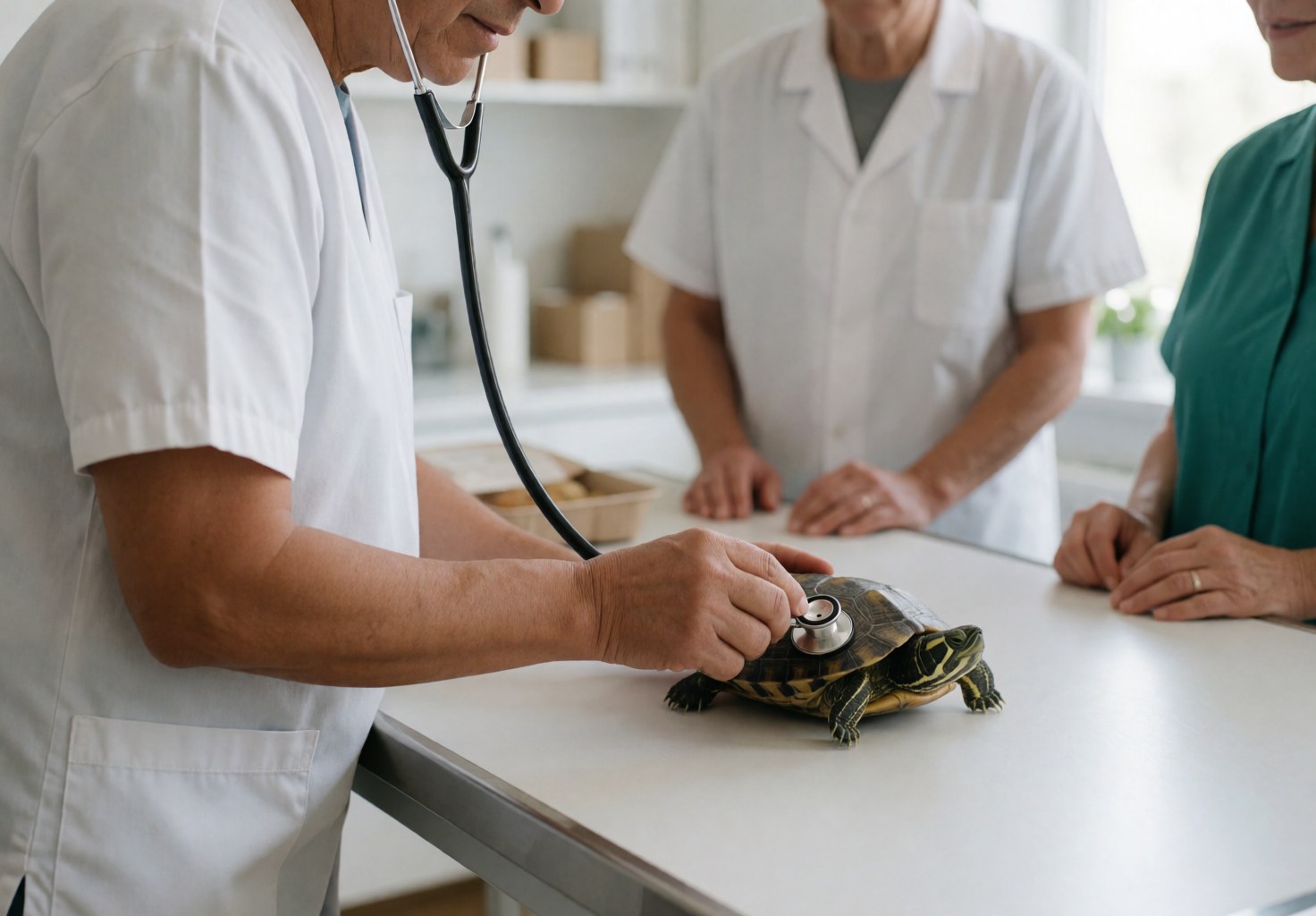 Un vétérinaire utilise un stéthoscope pour examiner le cœur d'une tortue sur une table d'examen dans une clinique moderne.