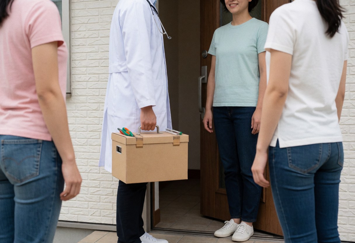 Un vétérinaire en blouse blanche et trousse médicale se dirige vers une porte, observé par une cliente et d'autres personnes.