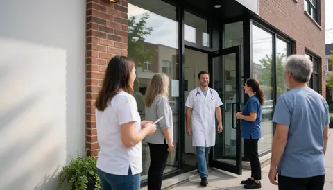 Un vétérinaire muni d'un stéthoscope quitte son établissement, entouré de clients et du personnel, devant une façade moderne en briques et vitres.