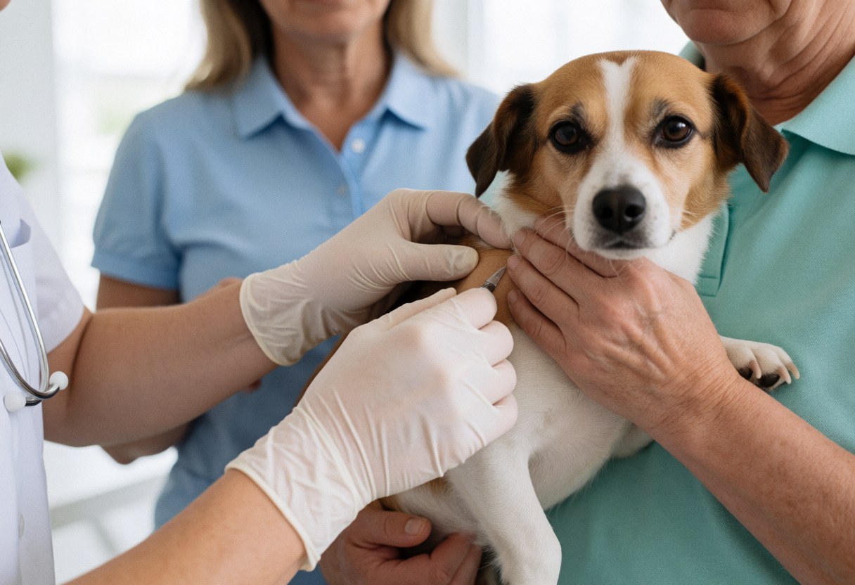 Un vétérinaire en gants injecte un vaccin à un chien tenu par son propriétaire dans une clinique vétérinaire propre et bien éclairée.