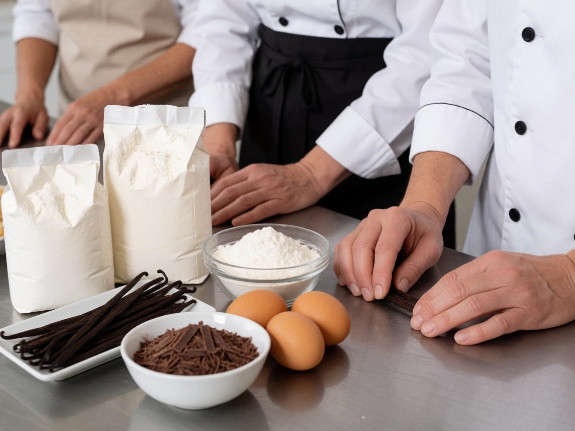 Mains de pâtissiers préparant des ingrédients tels que des œufs, de la vanille et de la farine sur une table en acier inoxydable.