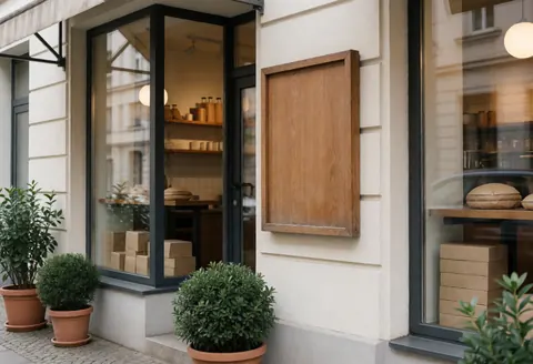 Façade de boulangerie présentant une vitrine, des plantes en pot et des cartons, créant une ambiance chaleureuse et propre.