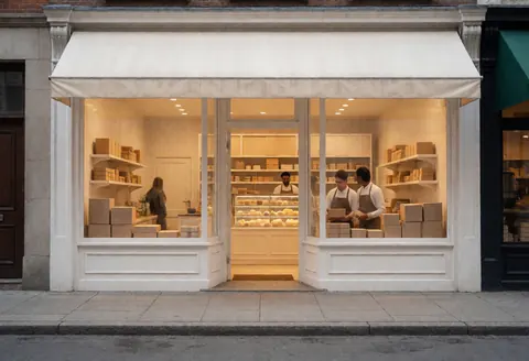 Façade de boulangerie avec personnel en tabliers, boîtes à gâteaux et vitrine éclairée, ambiance chaleureuse et accueillante.