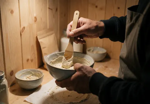 Des mains professionnelles mélangent de la pâte dans un bol en céramique posé sur une table en bois avec des murs en bois en arrière-plan dans une boulangerie.