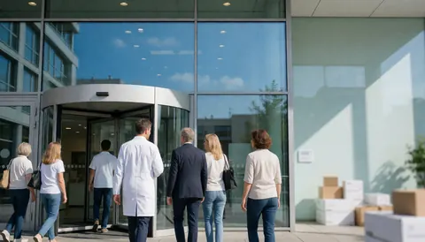 Groupe de personnes pénétrant par une porte tournante dans une clinique à façade vitrée, avec un espace vide à droite pour ajouter du texte.