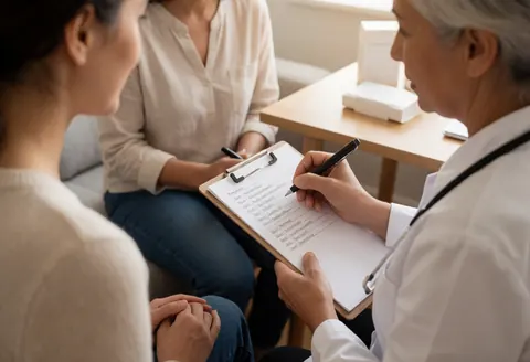 Une médecin avec un stéthoscope note des informations sur un formulaire pendant qu'elle consulte une cliente dans un bureau lumineux.