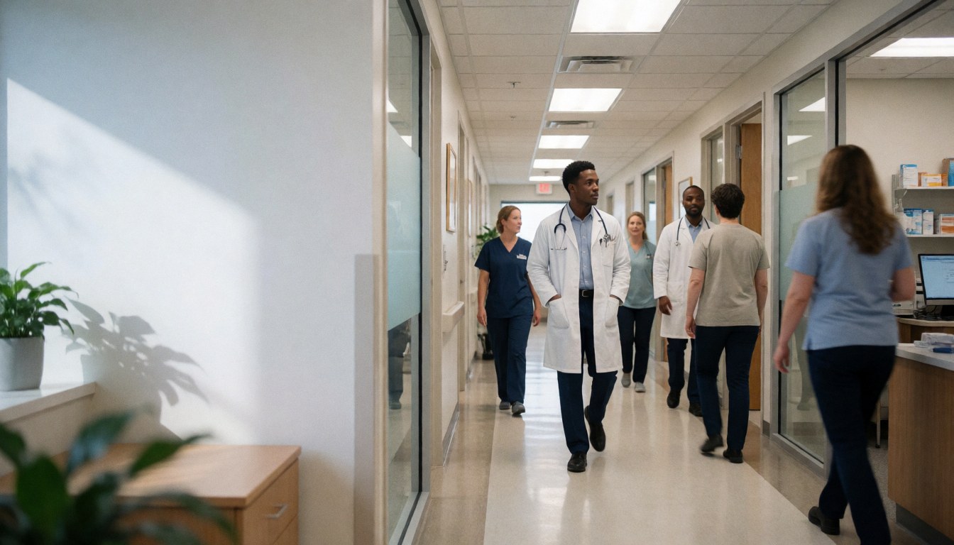 Des professionnels de santé marchent dans un couloir lumineux d'une clinique contemporaine, avec des plantes et des ordinateurs visibles en arrière-plan.