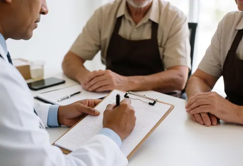 Médecin en clinique écrit sur un porte-notes pendant que deux patients en tabliers observent, dans un environnement professionnel et propre.