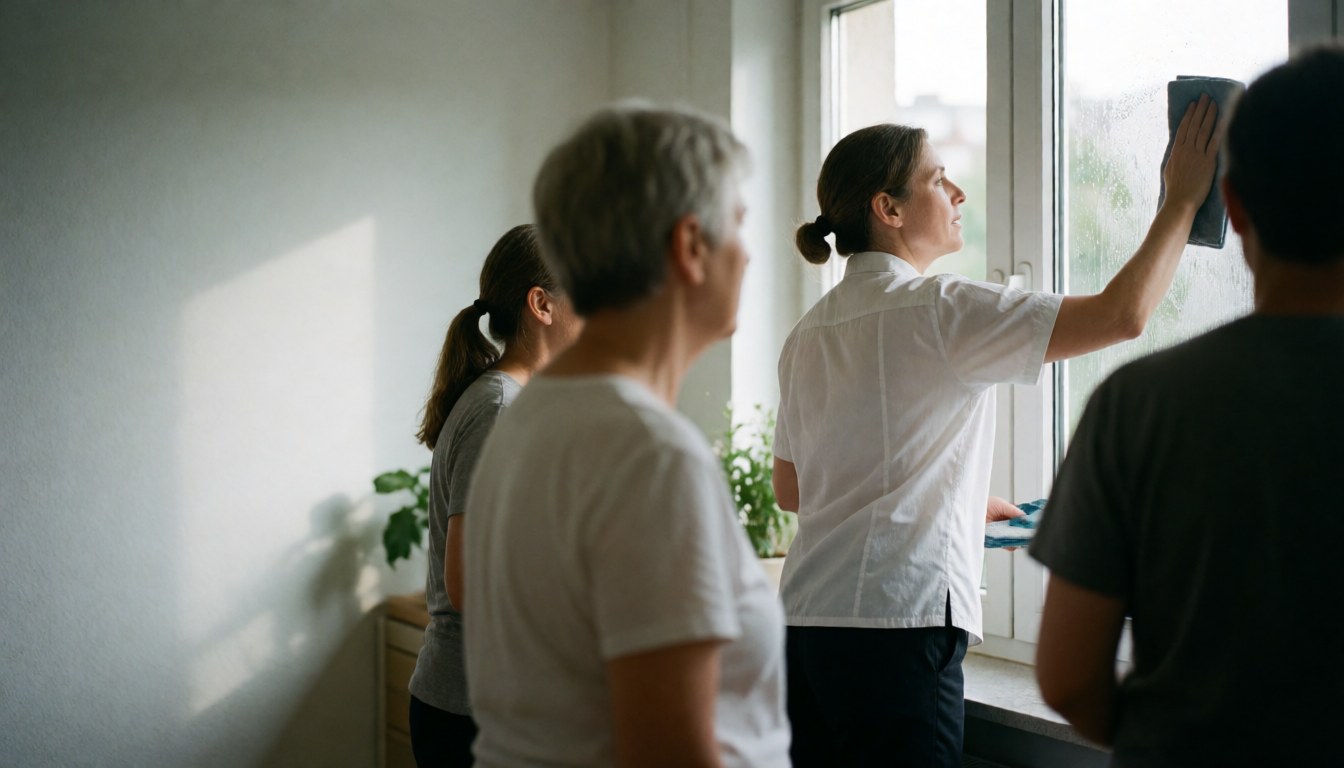 Une femme en chemise blanche nettoie une fenêtre d'appartement avec une serviette tandis que d'autres personnes observent depuis l'intérieur.