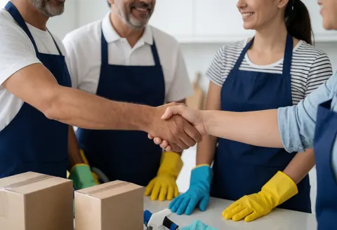 Un client et des employés de nettoyage sourient en se serrant la main dans une cuisine moderne, avec des gants et une serpillère visibles.
