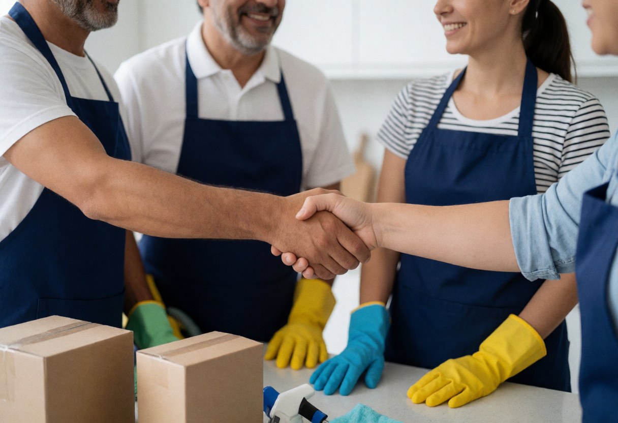 Un client et des employés de nettoyage sourient en se serrant la main dans une cuisine moderne, avec des gants et une serpillère visibles.