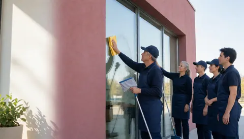Des professionnels en uniforme bleu frottent des vitres sur la façade d'un bâtiment moderne aux murs roses, assurant un service de nettoyage extérieur efficace.