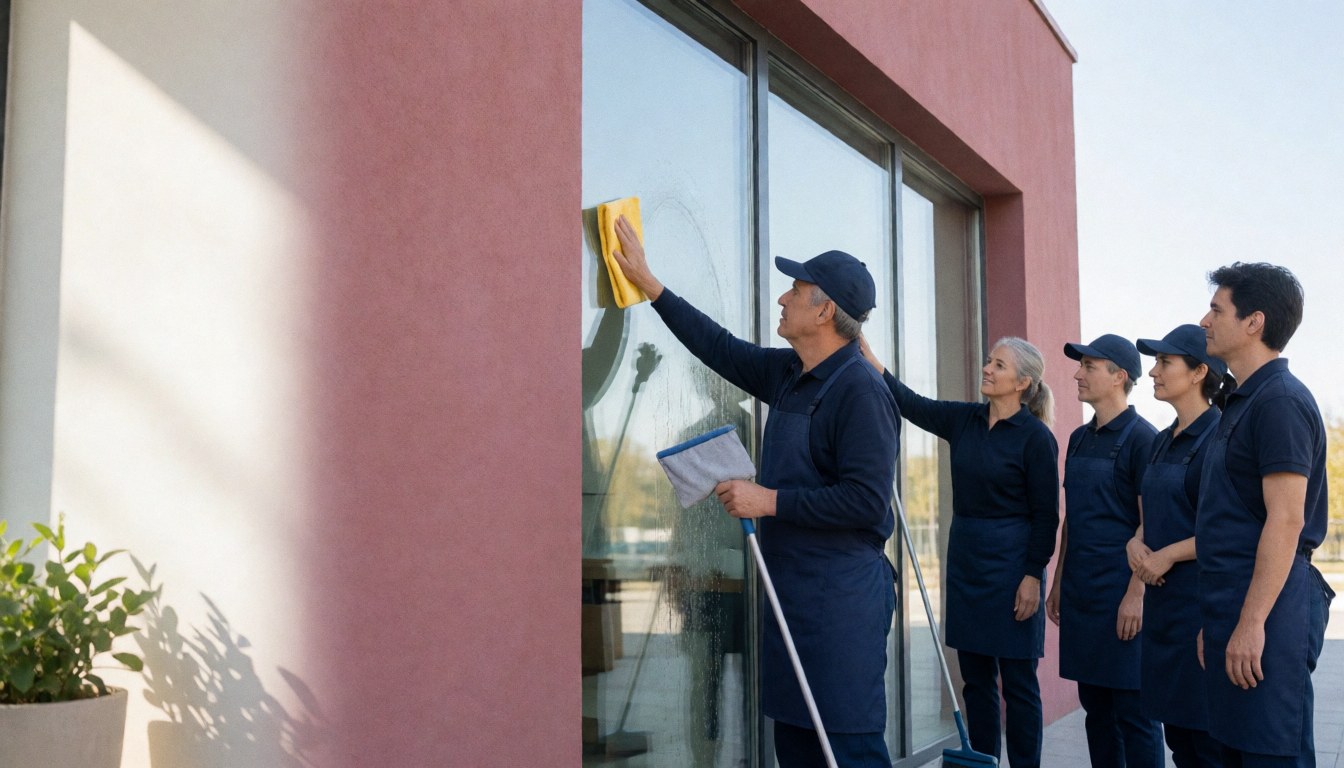 Des professionnels en uniforme bleu frottent des vitres sur la façade d'un bâtiment moderne aux murs roses, assurant un service de nettoyage extérieur efficace.