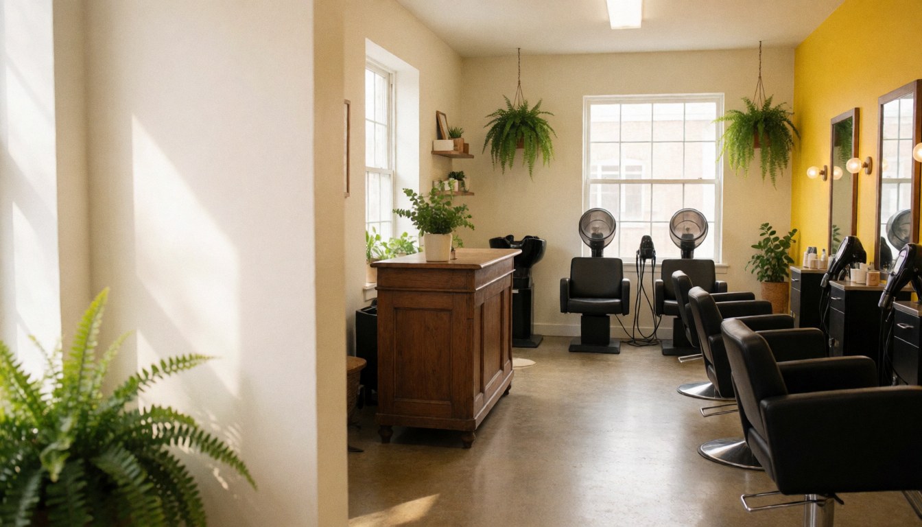 Intérieur d'un salon de coiffure moderne avec chaises noires, séchoirs, plantes suspendues, mur jaune et réception en bois.
