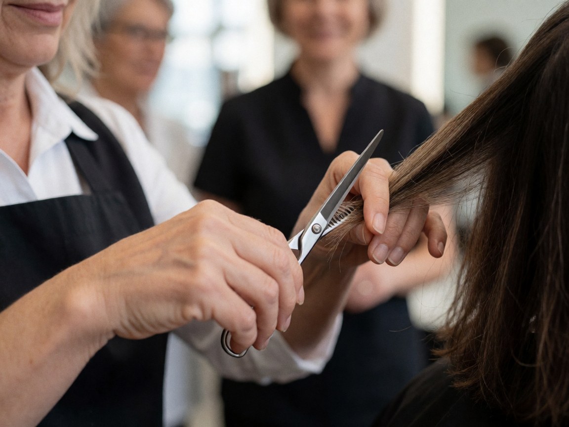 Mains de coiffeur professionnel coupant les cheveux avec des ciseaux dans un salon, client assis, outils visibles sur fond flou