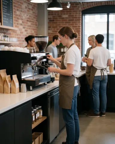 Barista portant des lunettes et un tablier ajuste le moulin à café dans un café aux murs de briques et à l'éclairage industriel.