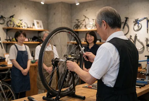 Un mécanicien ajuste une roue de vélo avec des outils dans un atelier aux murs en béton, avec d'autres vélos suspendus en arrière-plan.