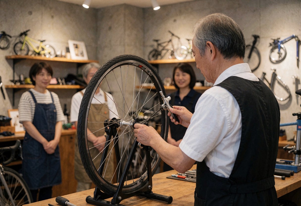 Un mécanicien ajuste une roue de vélo avec des outils dans un atelier aux murs en béton, avec d'autres vélos suspendus en arrière-plan.